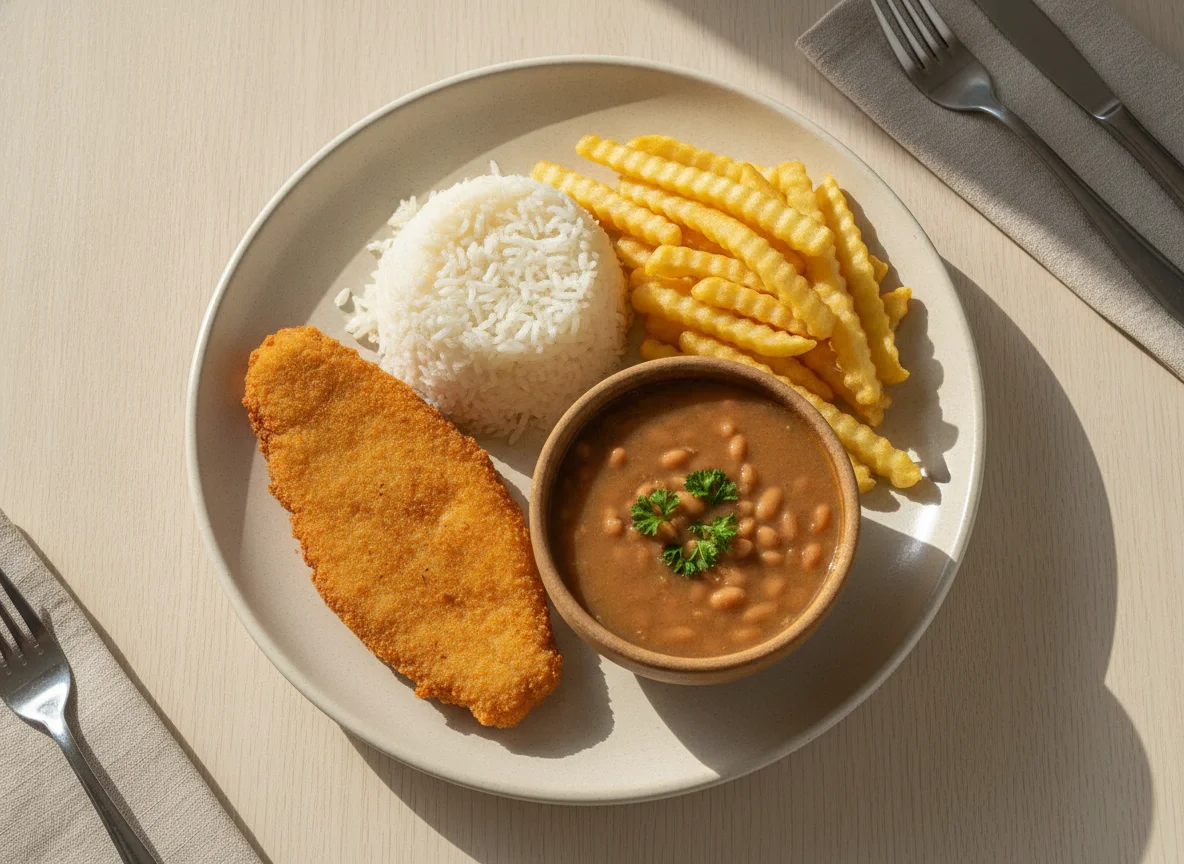 Prato feito com peixe empanado, arroz, feijão e batata frita photo