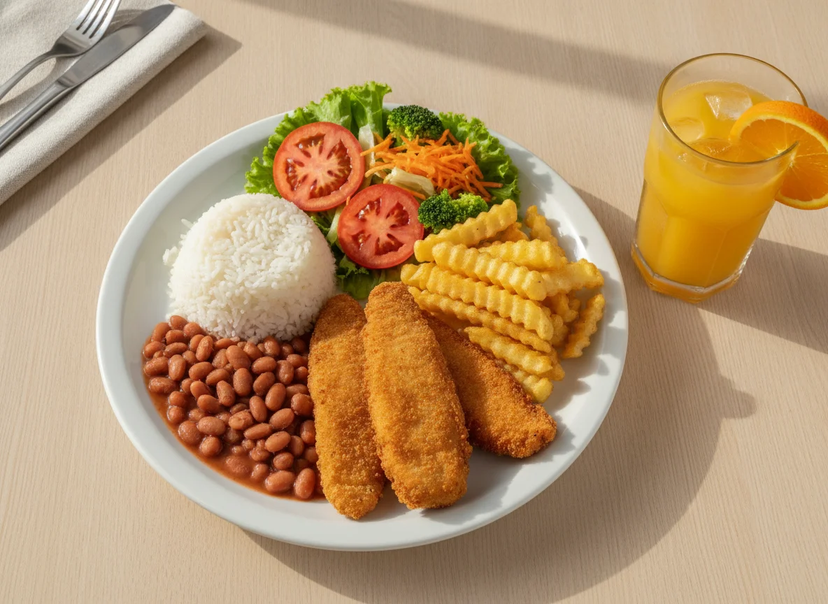 Prato Feito com Peixe Empanado, Arroz, Feijão e Batatas photo