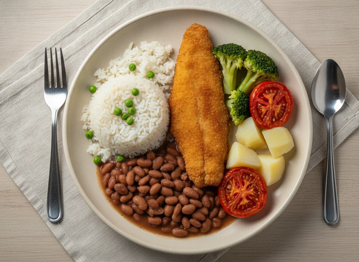 Prato Feito com Peixe Empanado, Arroz, Feijão e Legumes photo