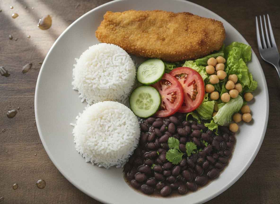 Prato feito com peixe empanado, arroz, feijão e salada photo