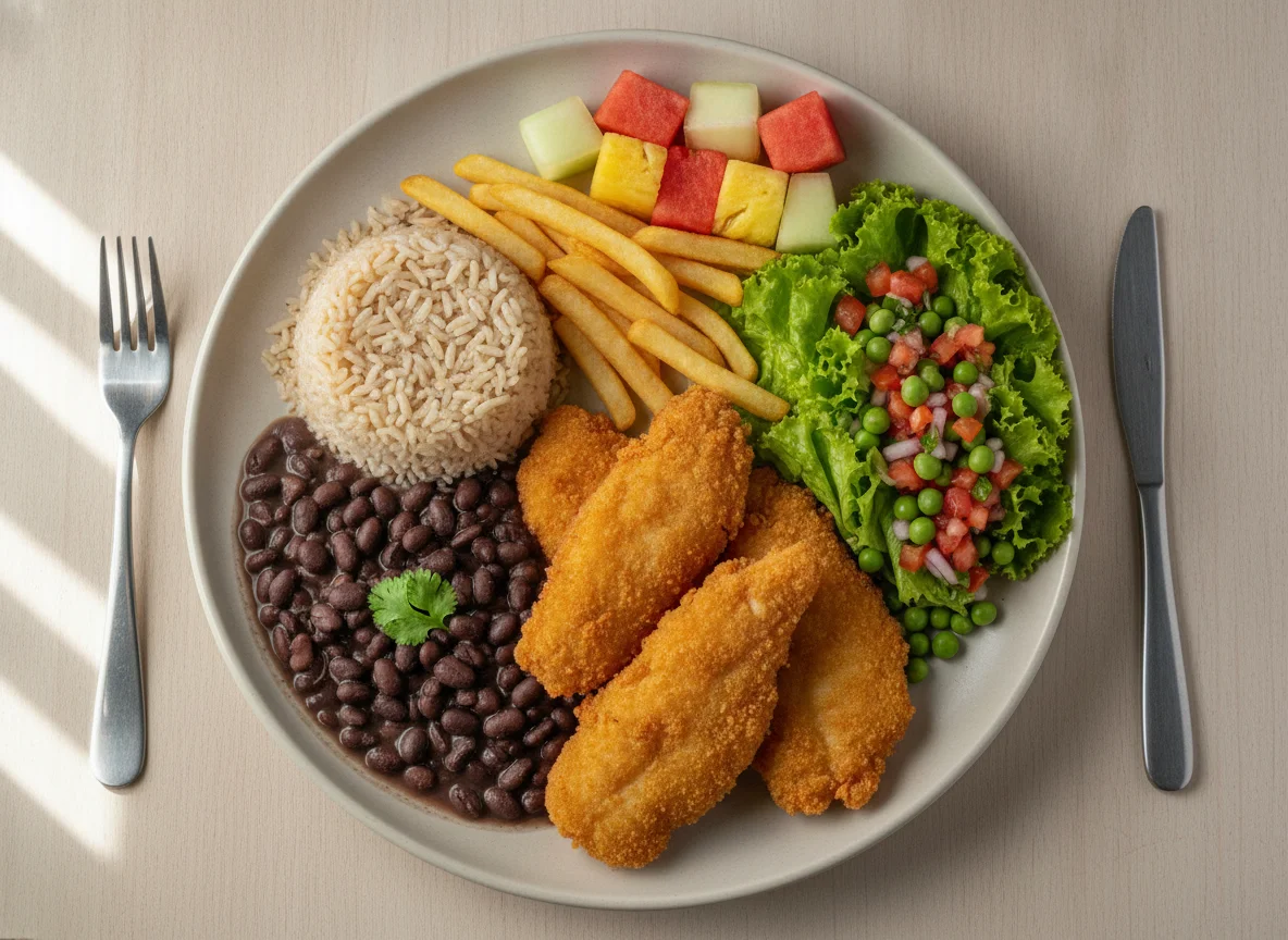 Prato Feito com Peixe Empanado, Arroz, Feijão, Salada e Frutas photo