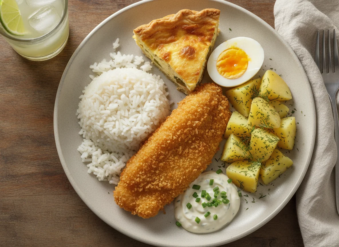 Prato feito com peixe empanado, arroz, ovo e batatas photo