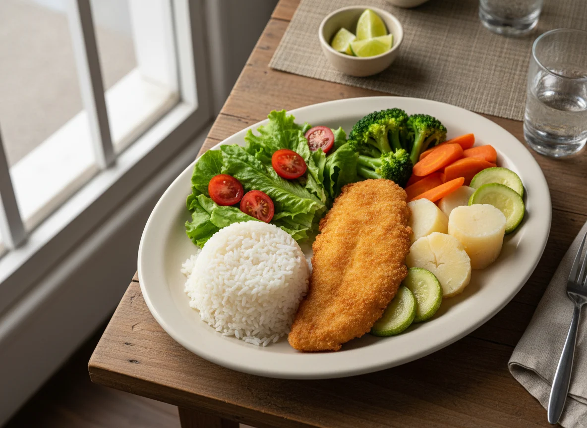 Prato feito com peixe empanado e acompanhamentos photo