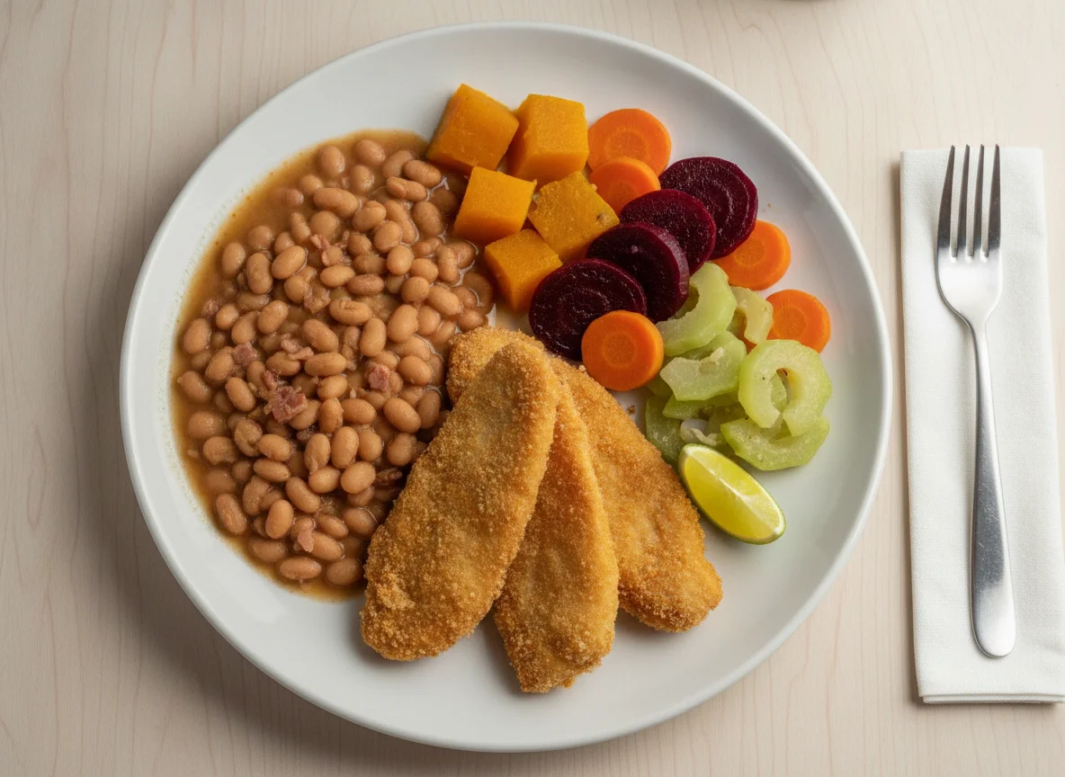 Prato feito com peixe empanado e legumes photo