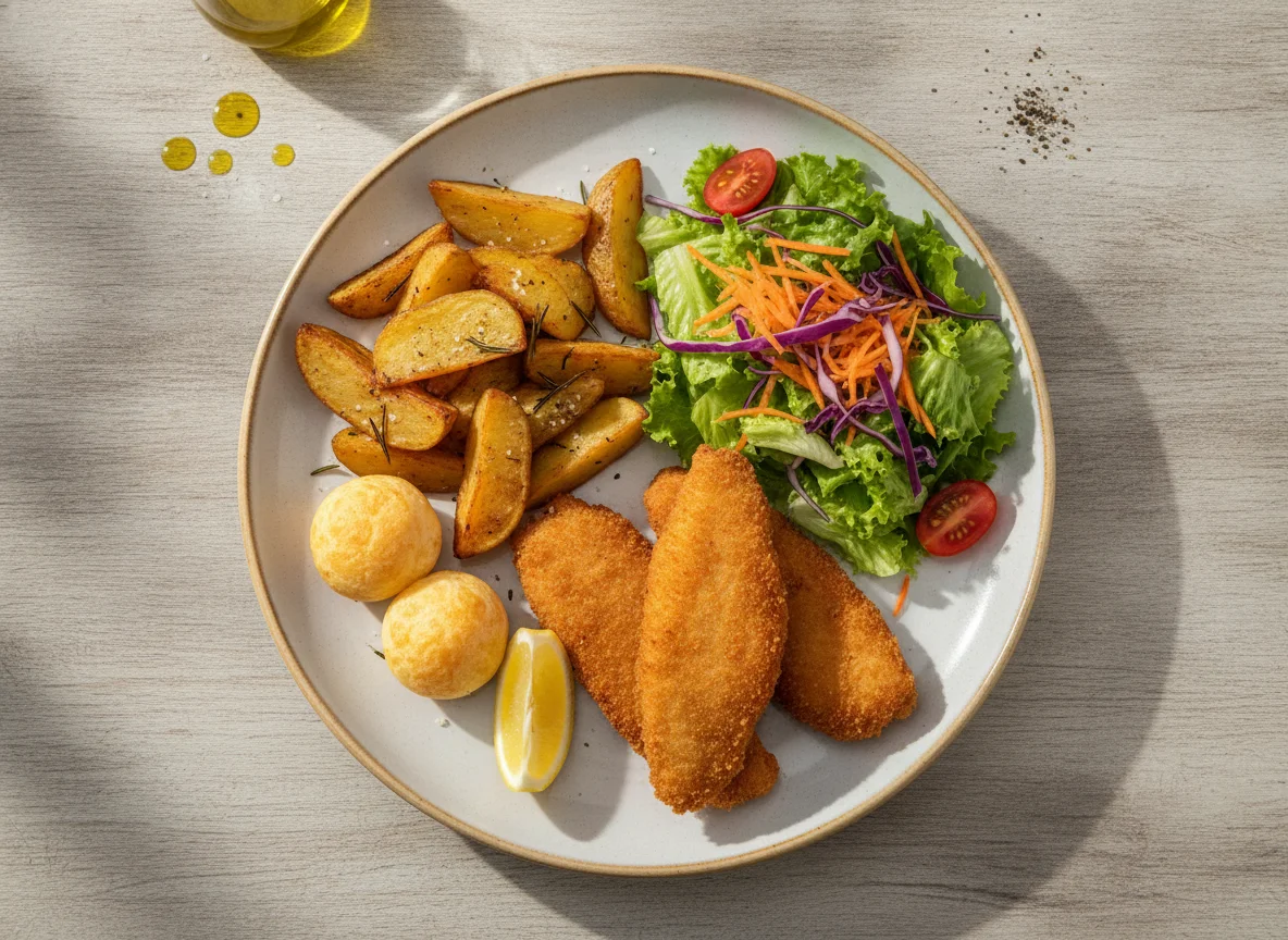 Prato Feito com Peixe Empanado e Salada photo