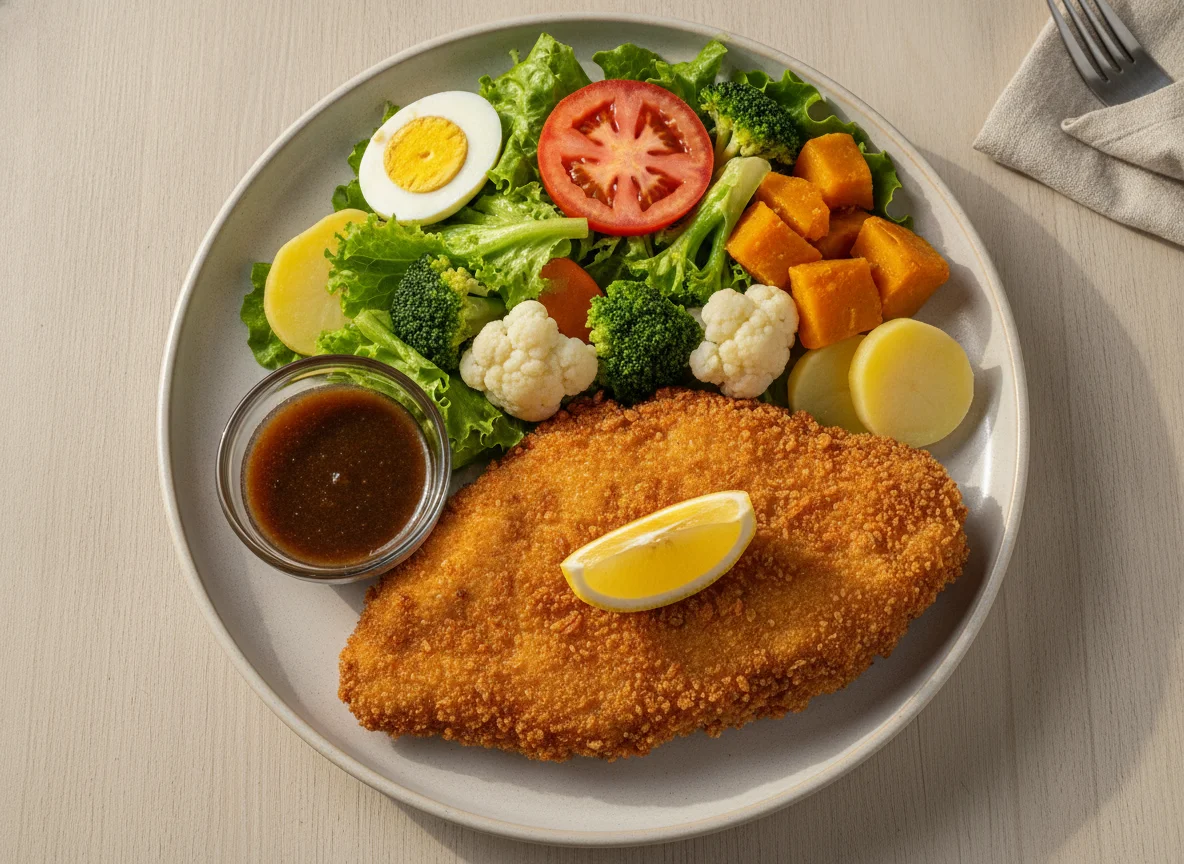 Prato feito com peixe empanado e salada mista photo
