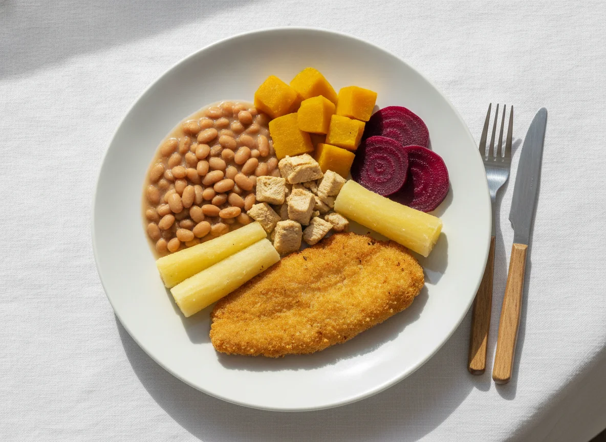 Prato feito com peixe empanado, feijão, abóbora, beterraba e mandioca photo