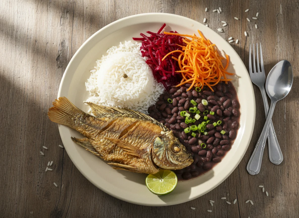 Prato feito com peixe, feijão, arroz e salada photo