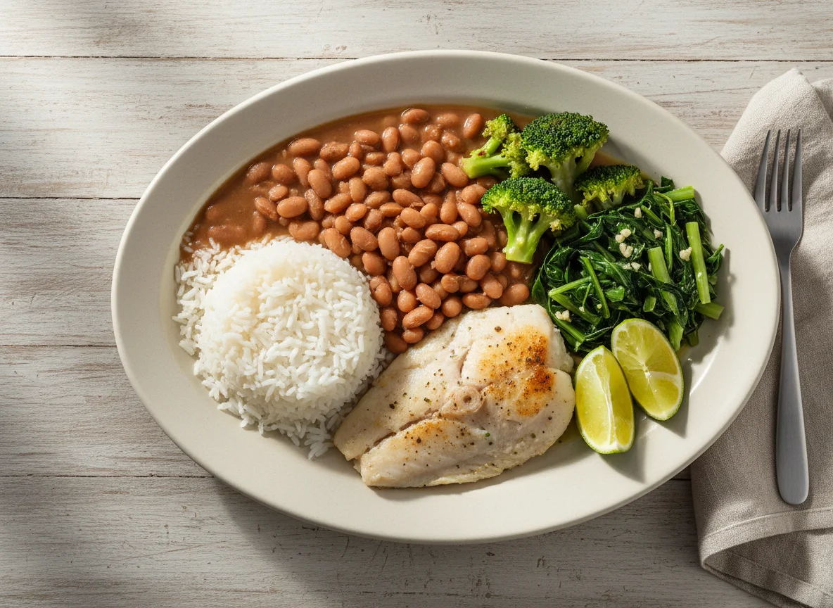 Prato feito com peixe, feijão, arroz e vegetais photo