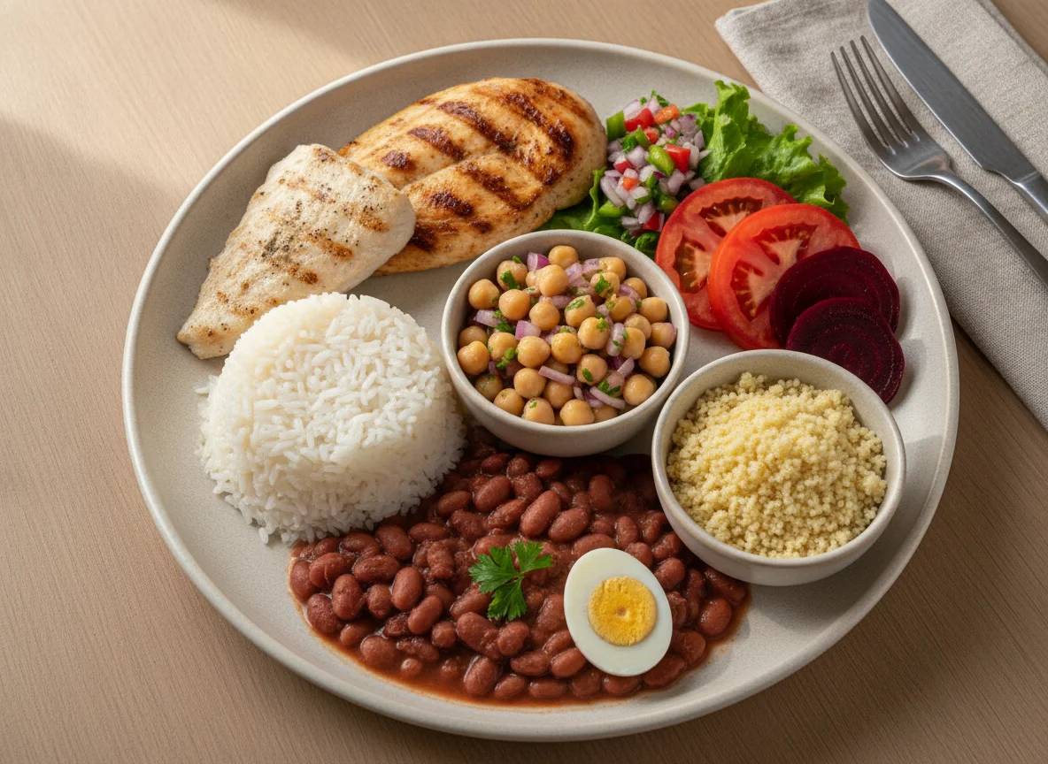 Prato feito com peixe, frango grelhado, arroz, feijão e salada photo