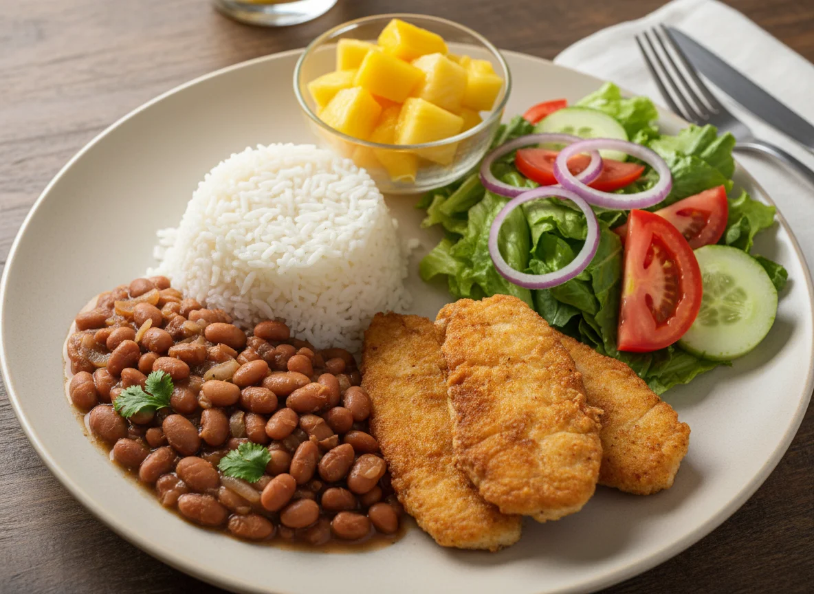 Prato feito com peixe frito, arroz com feijão e salada de frutas photo