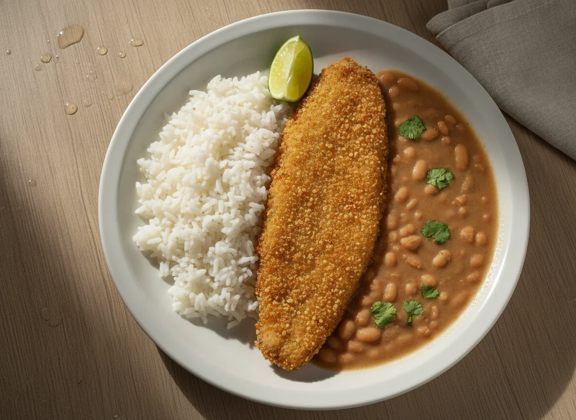 Prato feito com peixe frito, arroz e feijão photo