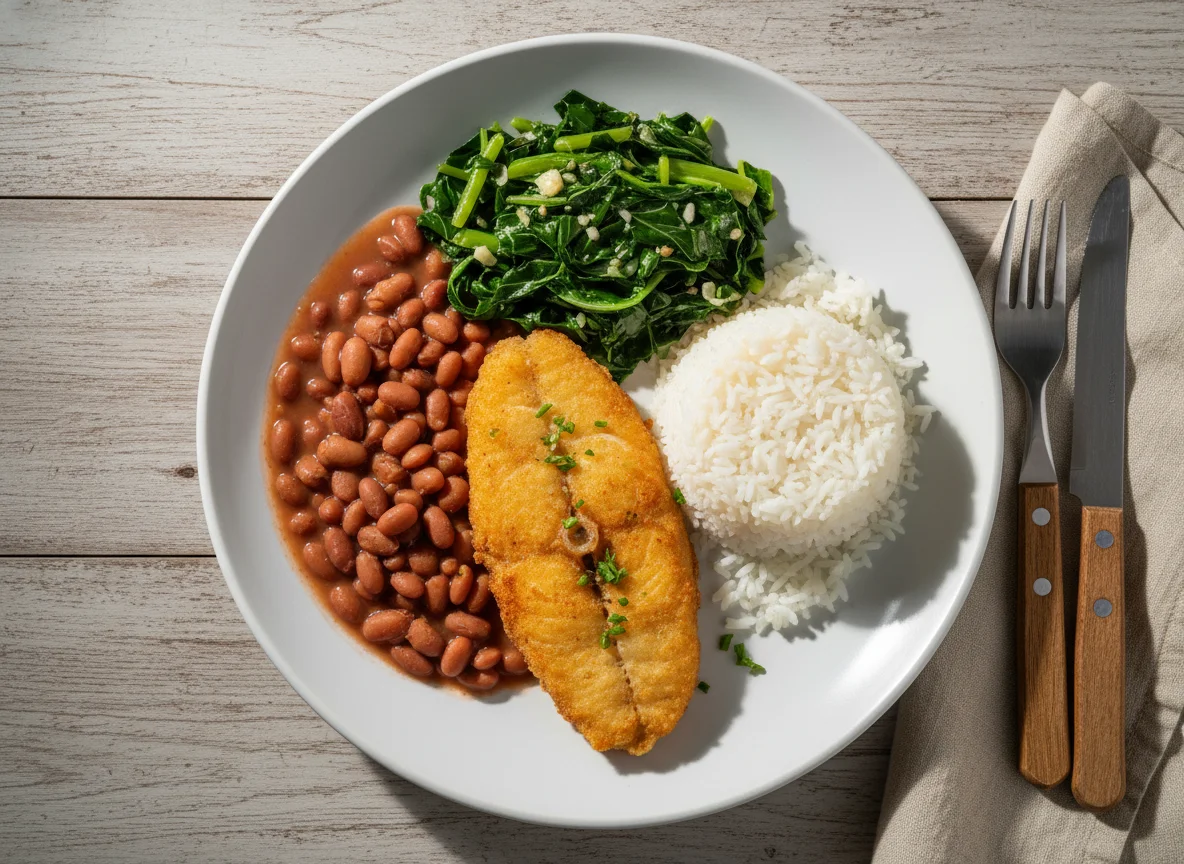 Prato feito com peixe frito, arroz, feijão e couve refogada photo