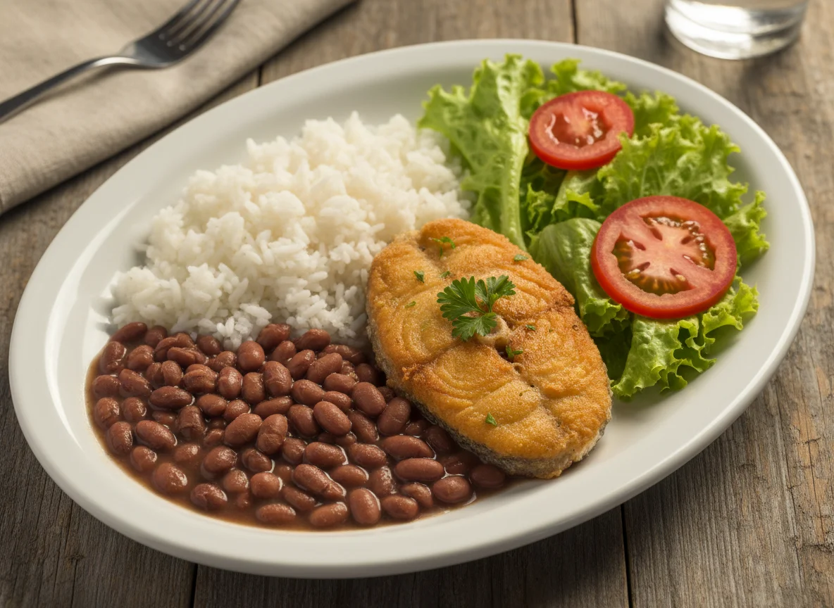 Prato feito com peixe frito, arroz, feijão e salada photo