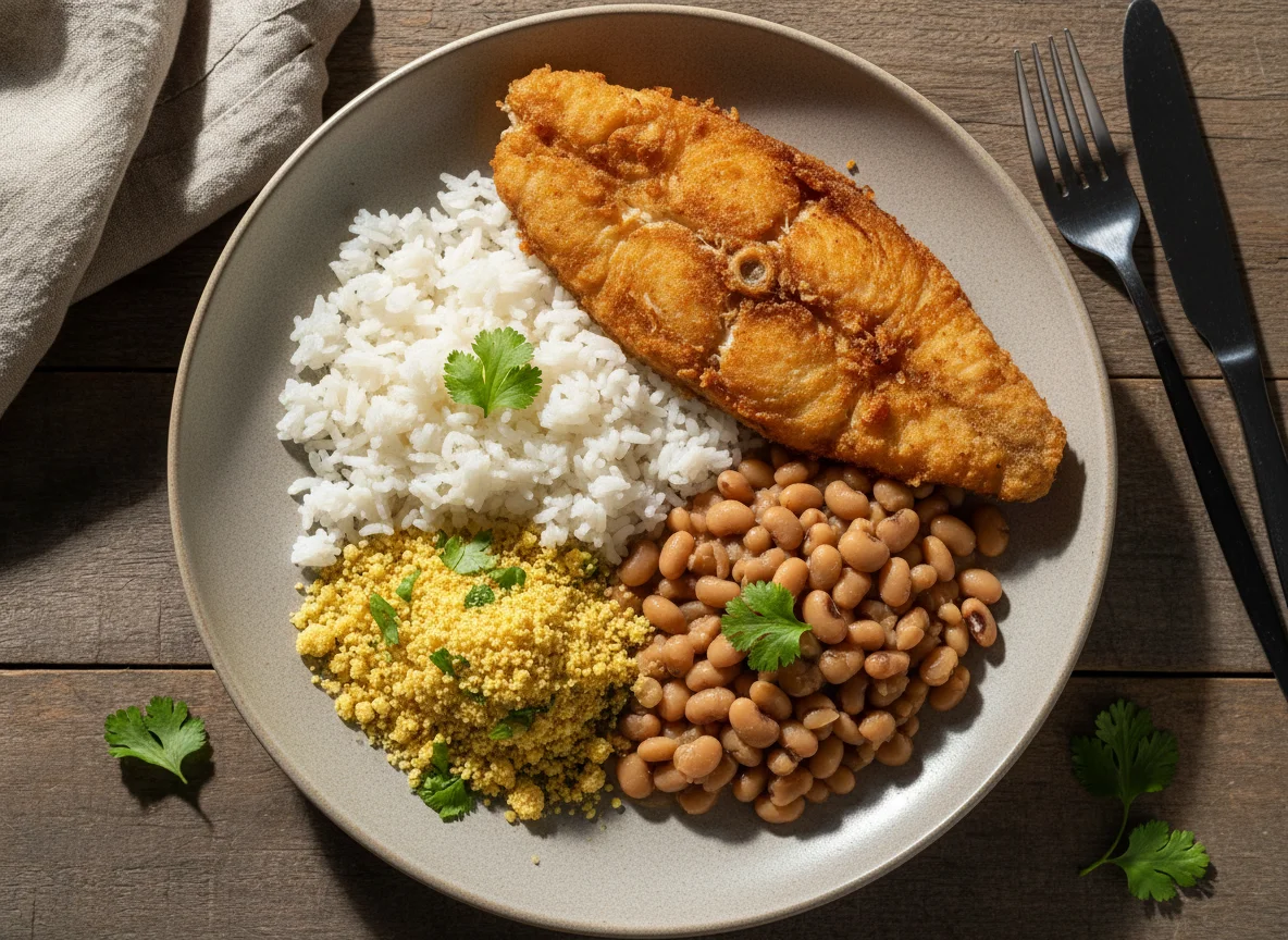 Prato feito com peixe frito, arroz, feijão fradinho e farofa photo