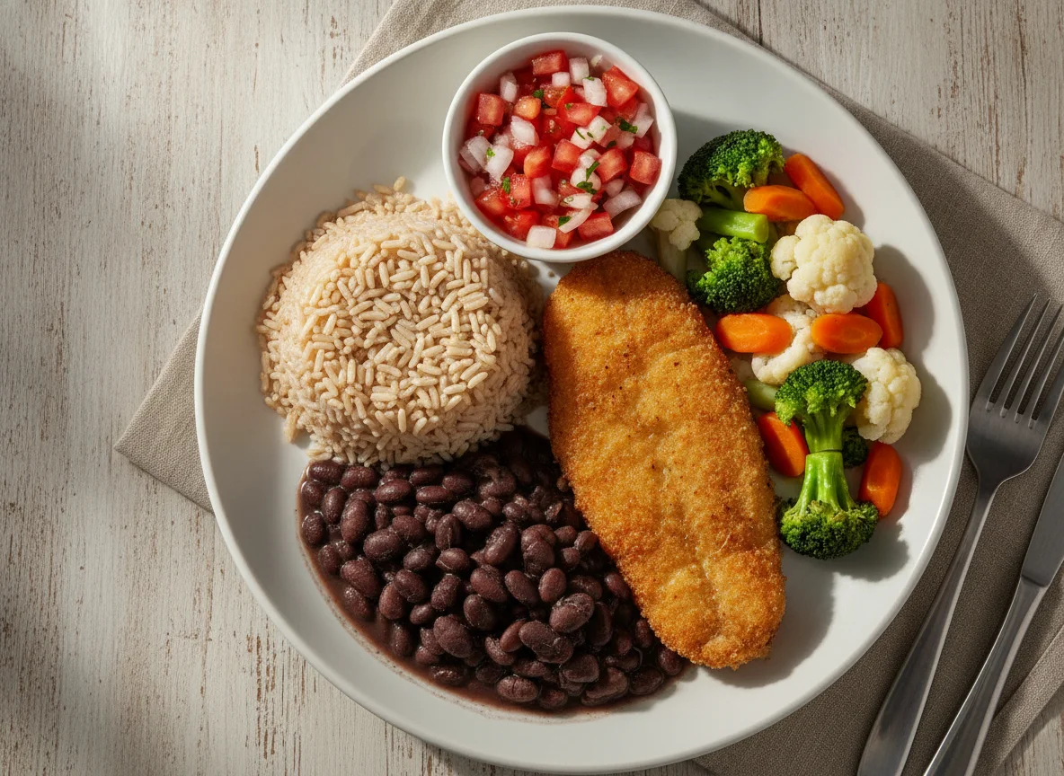 Prato feito com peixe frito, arroz integral, feijão preto e vegetais photo