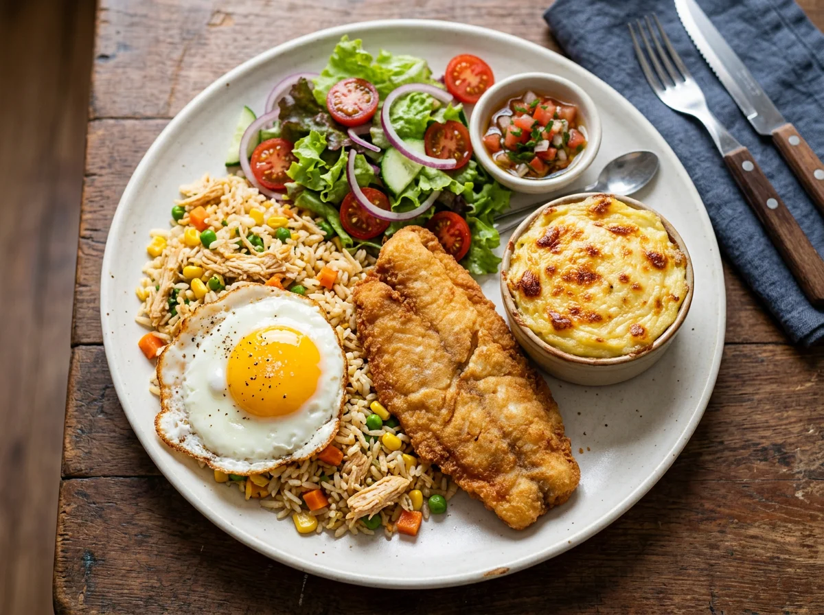 Prato feito com peixe frito, arroz, ovo e salada photo