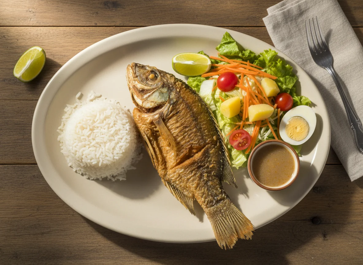 Prato feito com peixe frito, arroz, salada e ovo photo