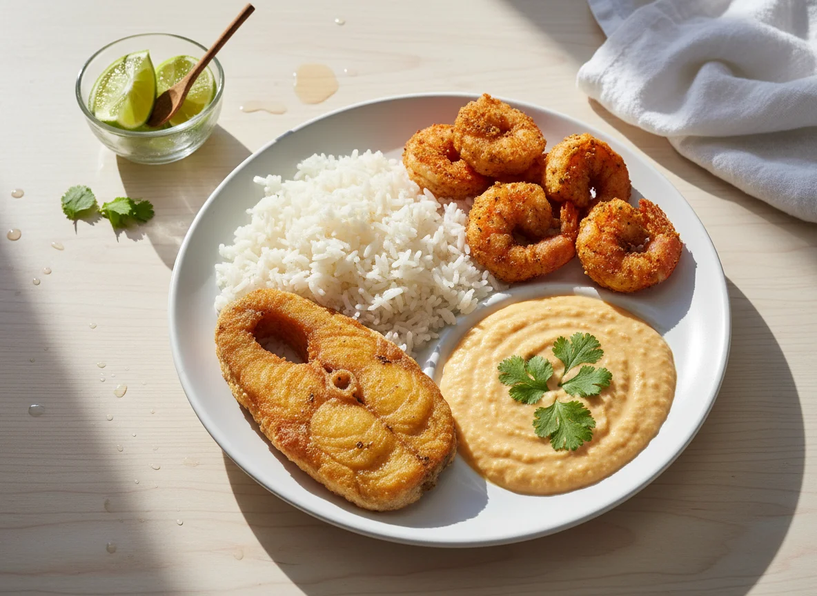 Prato feito com peixe frito, camarão, arroz e pirão photo