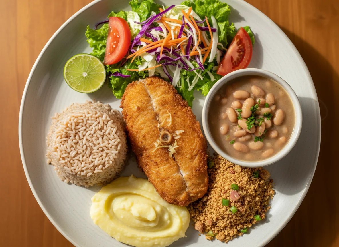 Prato feito com peixe frito e acompanhamentos photo