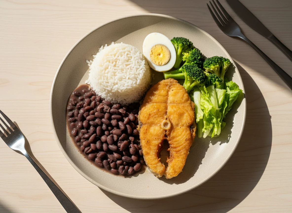 Prato feito com peixe frito e arroz com feijão photo