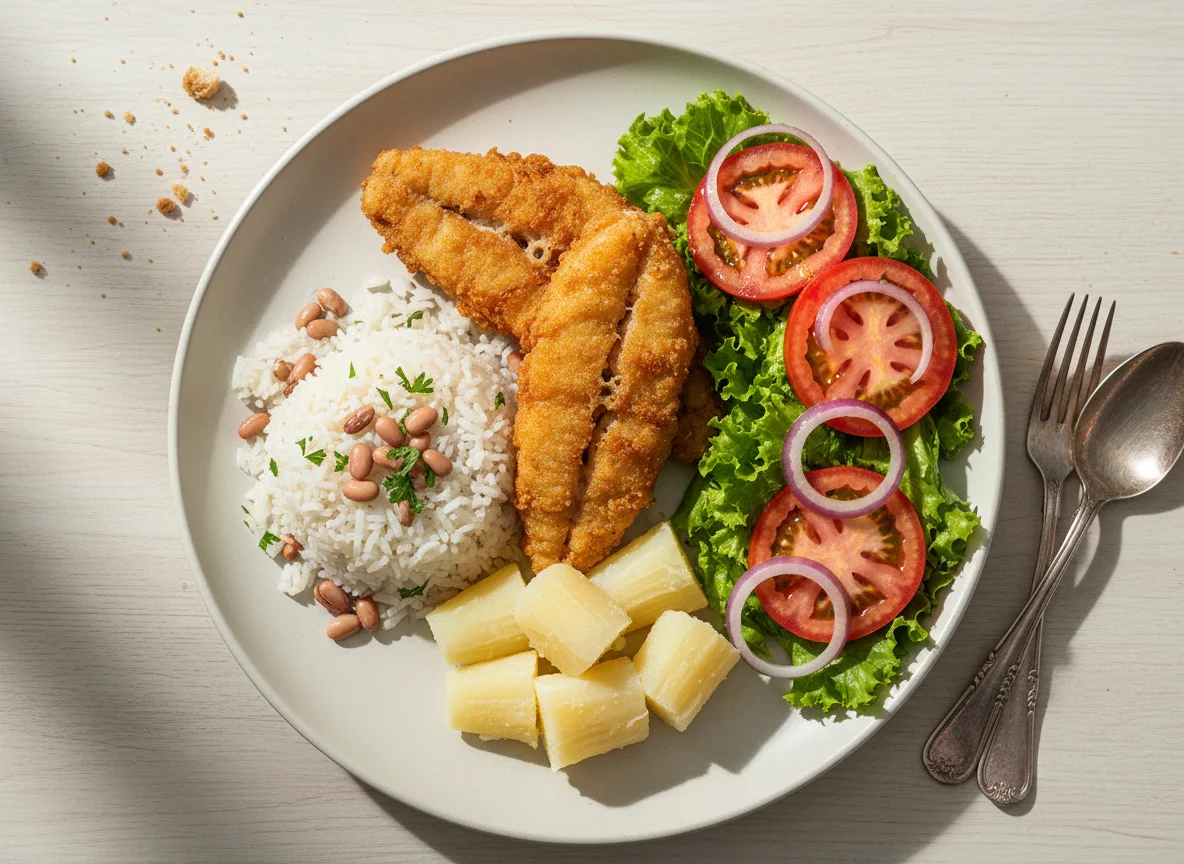 Prato feito com peixe frito e salada photo