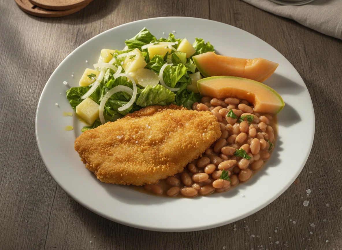 Prato Feito com Peixe Frito, Feijão, Salada e Melão photo
