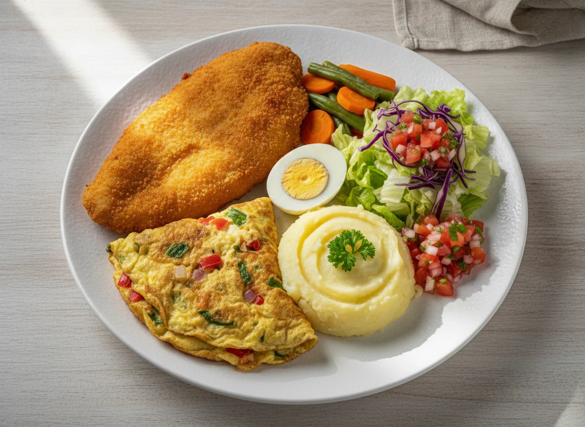Prato feito com peixe frito, omelete e salada photo