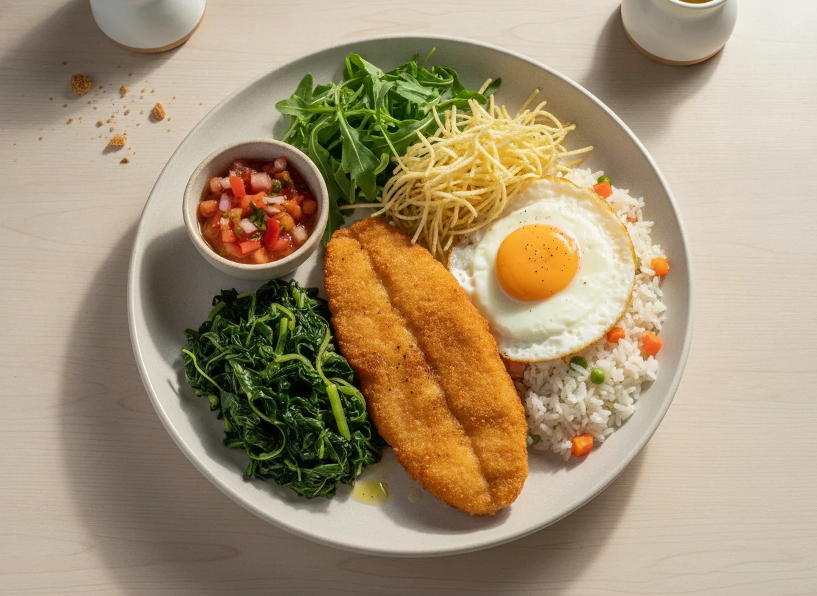 Prato Feito com Peixe Frito, Ovo e Salada photo