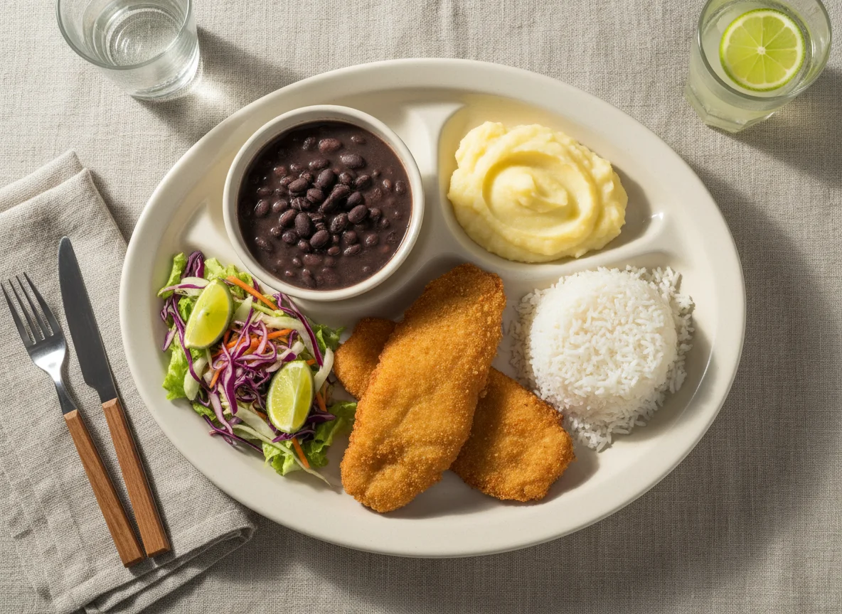 Prato feito com peixe frito, purê, feijão e salada photo