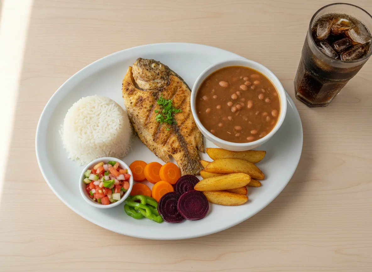 Prato Feito com Peixe Grelhado, Arroz, Feijão e Legumes photo