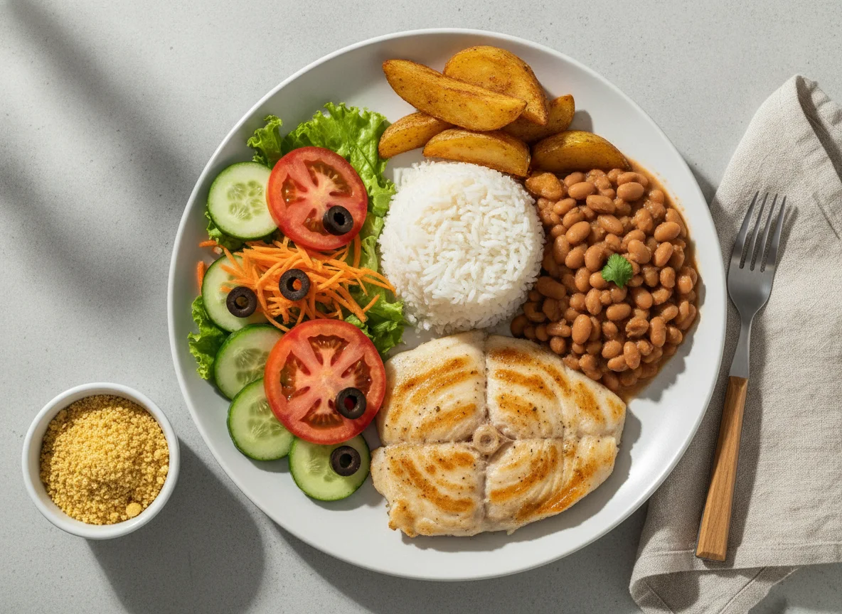 Prato Feito com Peixe Grelhado, Arroz, Feijão e Salada photo