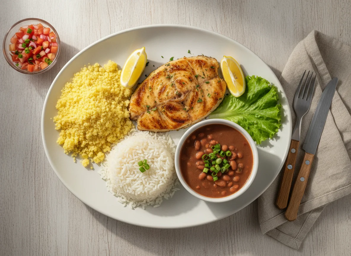 Prato Feito com Peixe Grelhado, Cuscuz, Arroz e Feijão photo