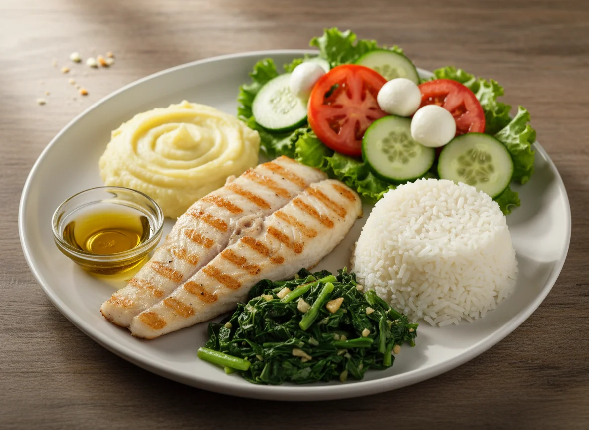 Prato feito com peixe grelhado e acompanhamentos photo