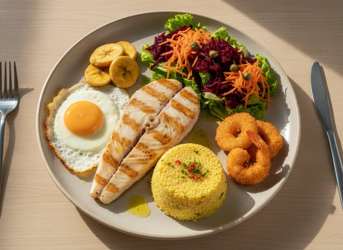 Prato feito com peixe grelhado, ovo, cuscuz e salada photo