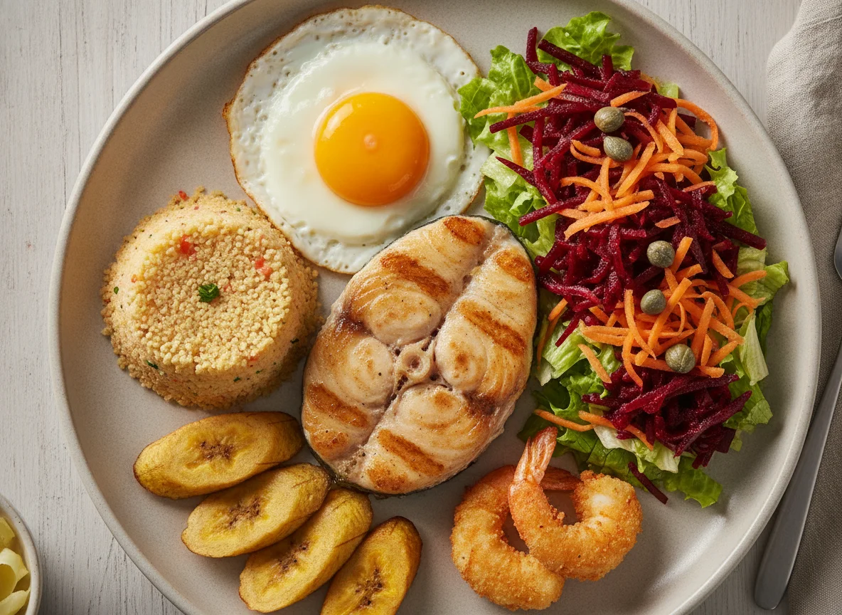 Prato Feito com Peixe Grelhado, Ovo e Salada photo