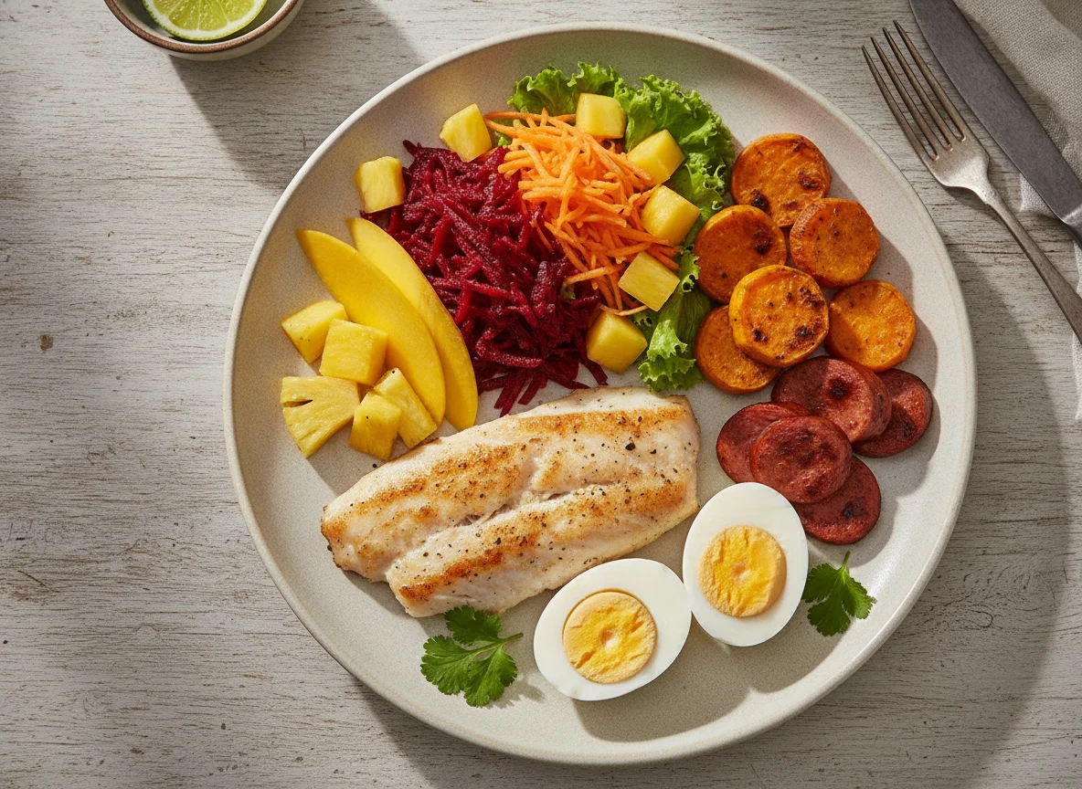 Prato feito com peixe, ovo, linguiça e salada photo