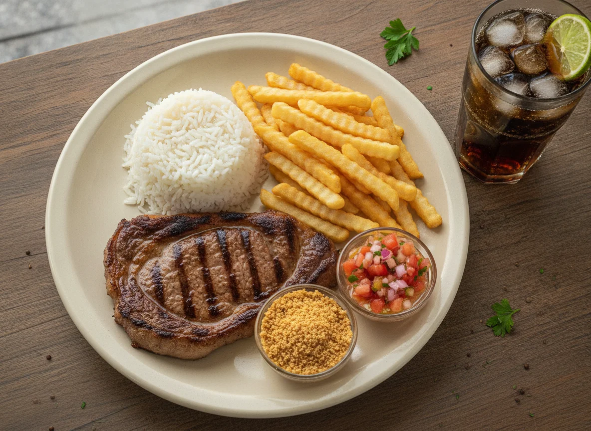 Prato Feito com Picanha, Arroz, Batata Frita, Farofa e Vinagrete photo