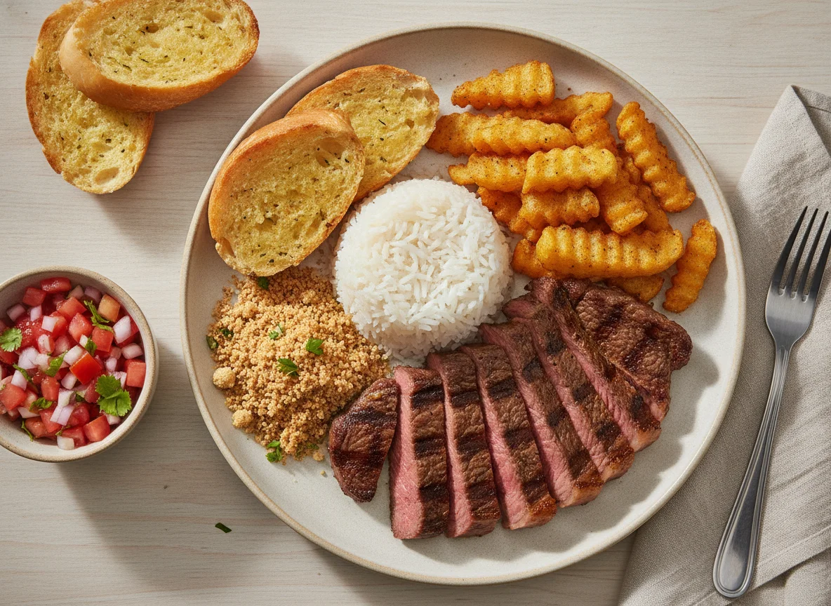 Prato Feito com Picanha, Arroz, Batata Rústica, Farofa e Vinagrete photo