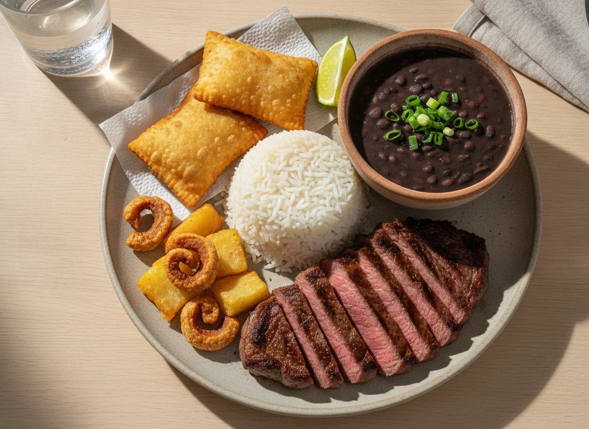 Prato Feito com Picanha, Arroz, Feijão, Pastel e Mandioca photo