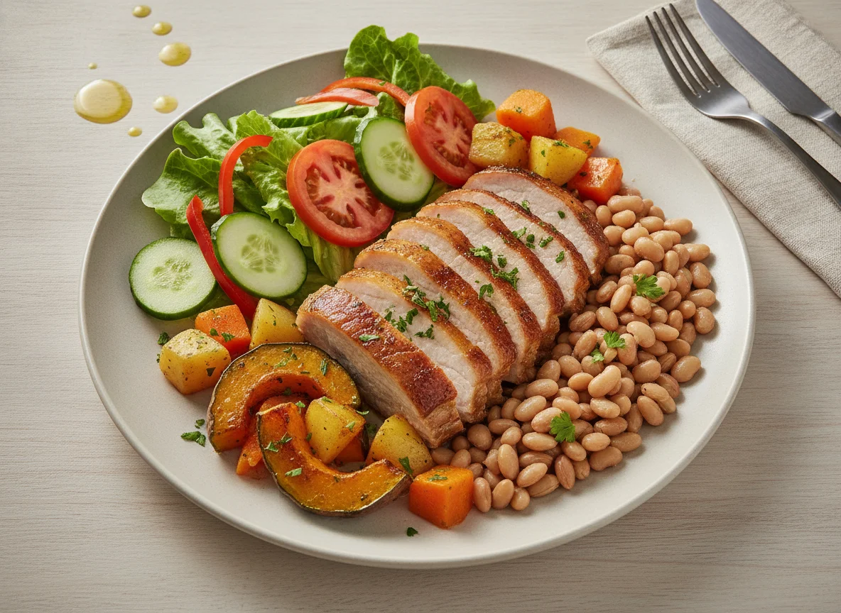Prato Feito com Porco Assado, Feijão Fradinho e Salada photo