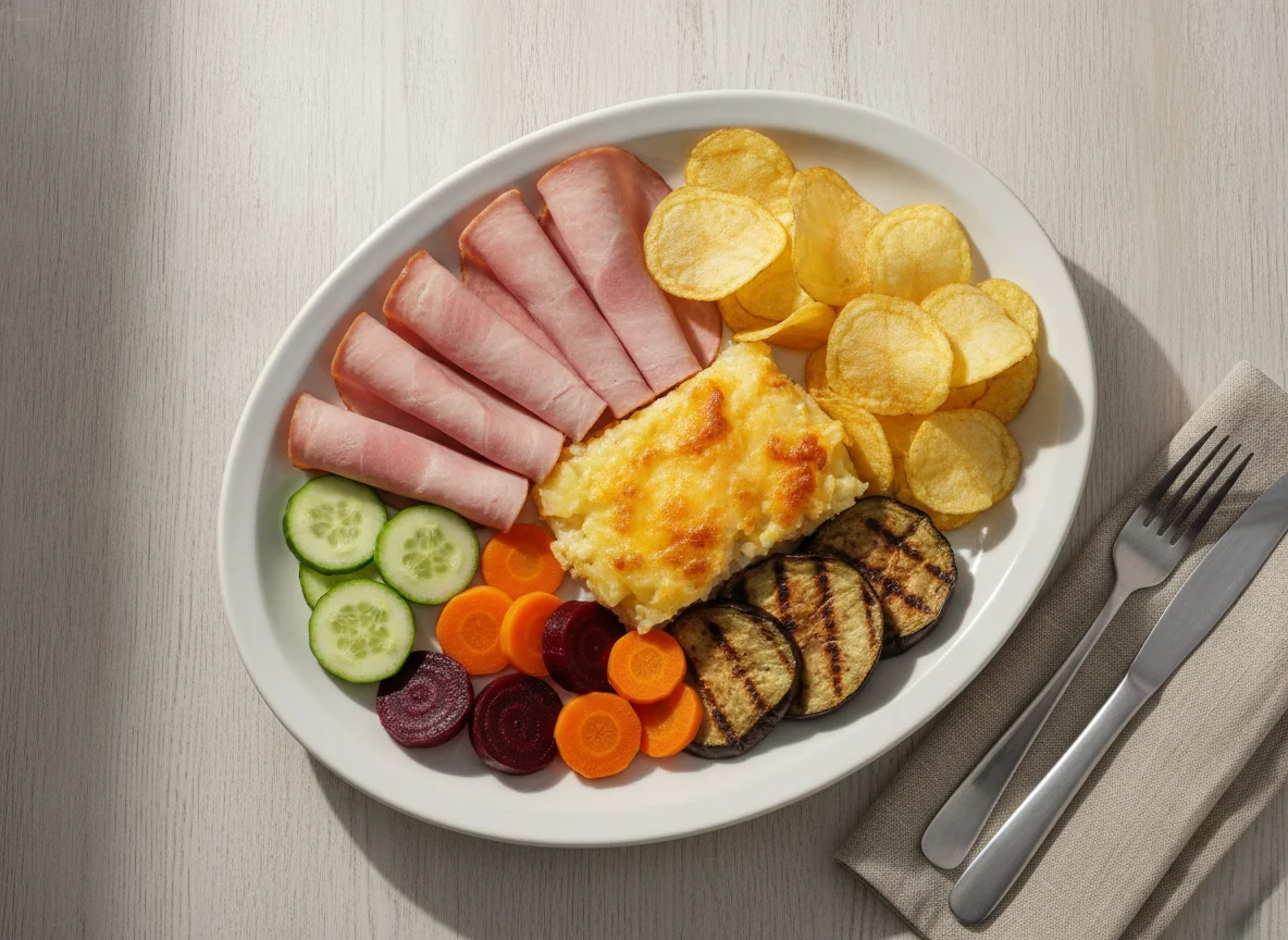 Prato feito com presunto, batata gratinada, batata chips e vegetais photo