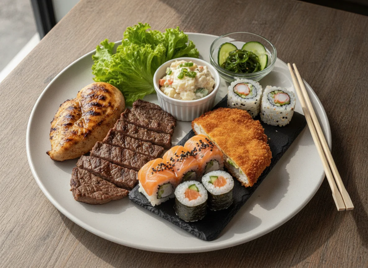 Prato Feito com Proteínas Variadas e Sushi photo
