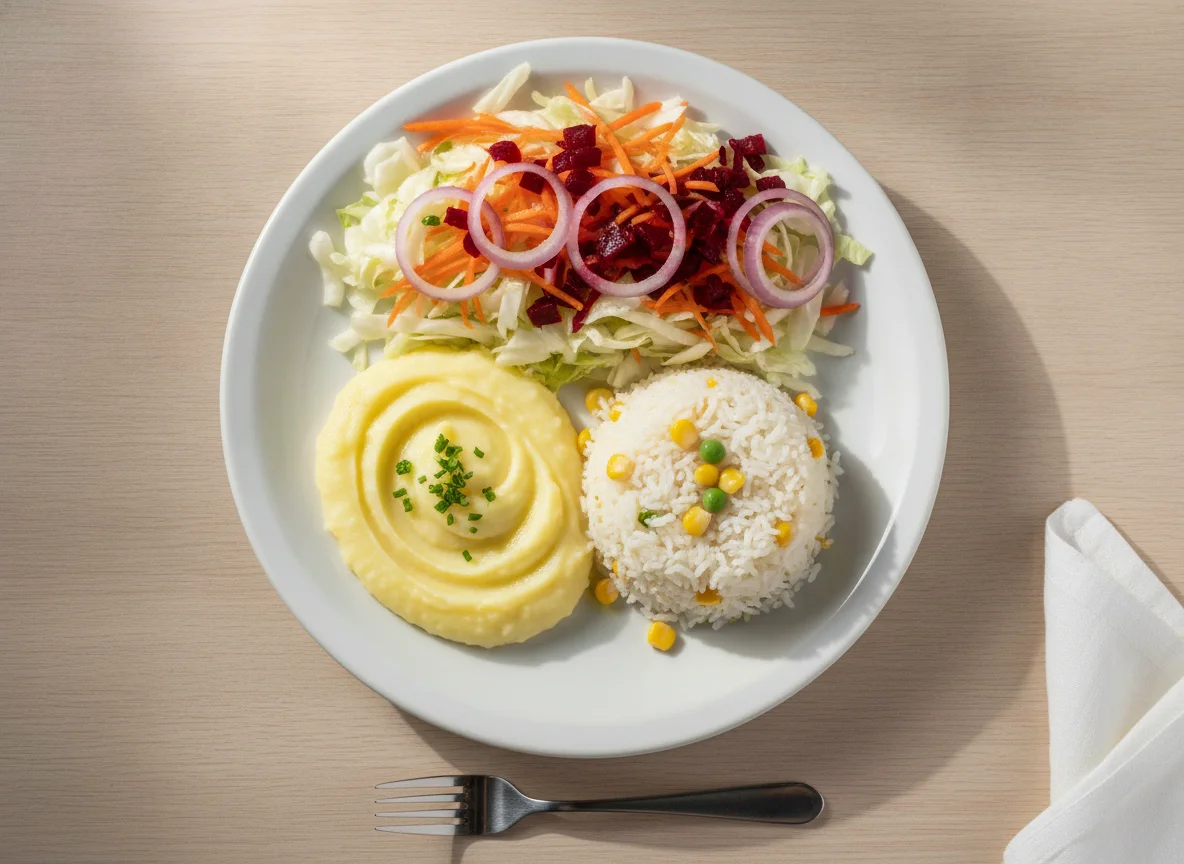 Prato feito com purê, arroz e salada mista photo