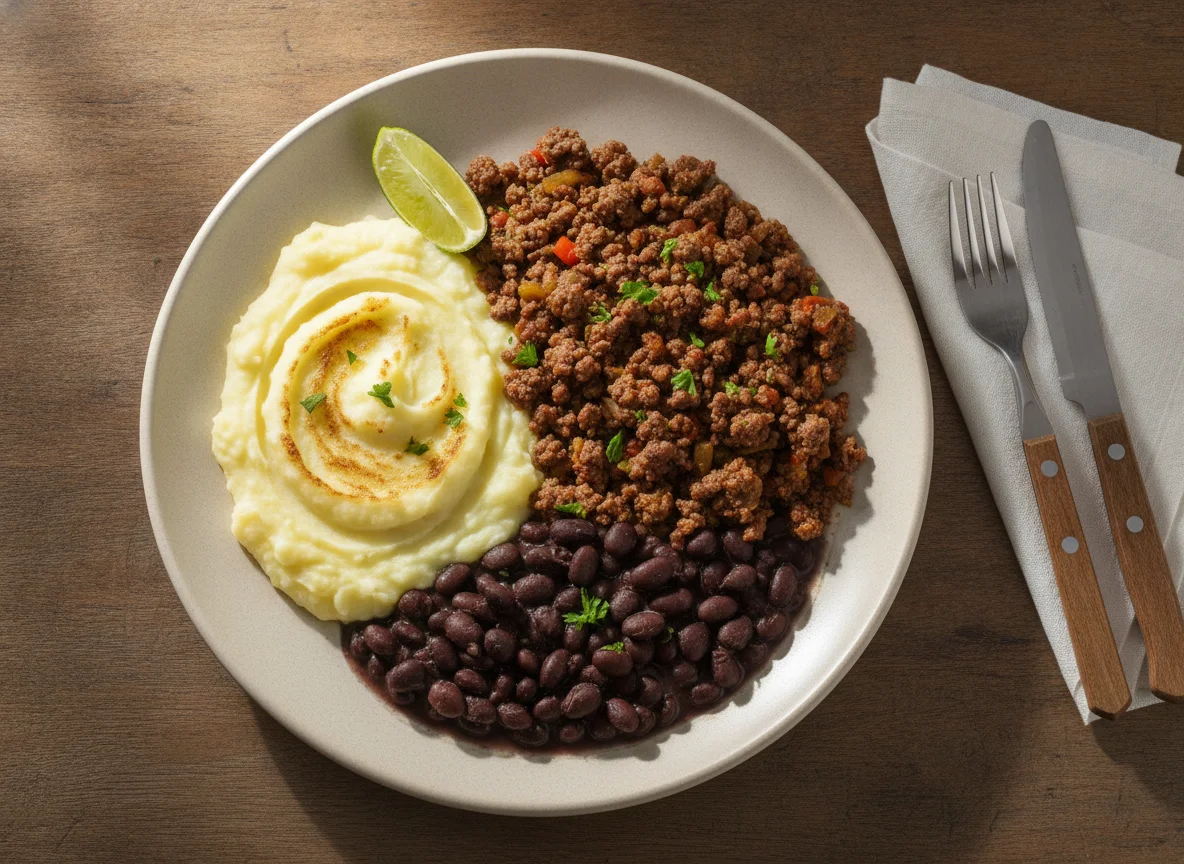 Prato feito com purê, carne moída e feijão photo