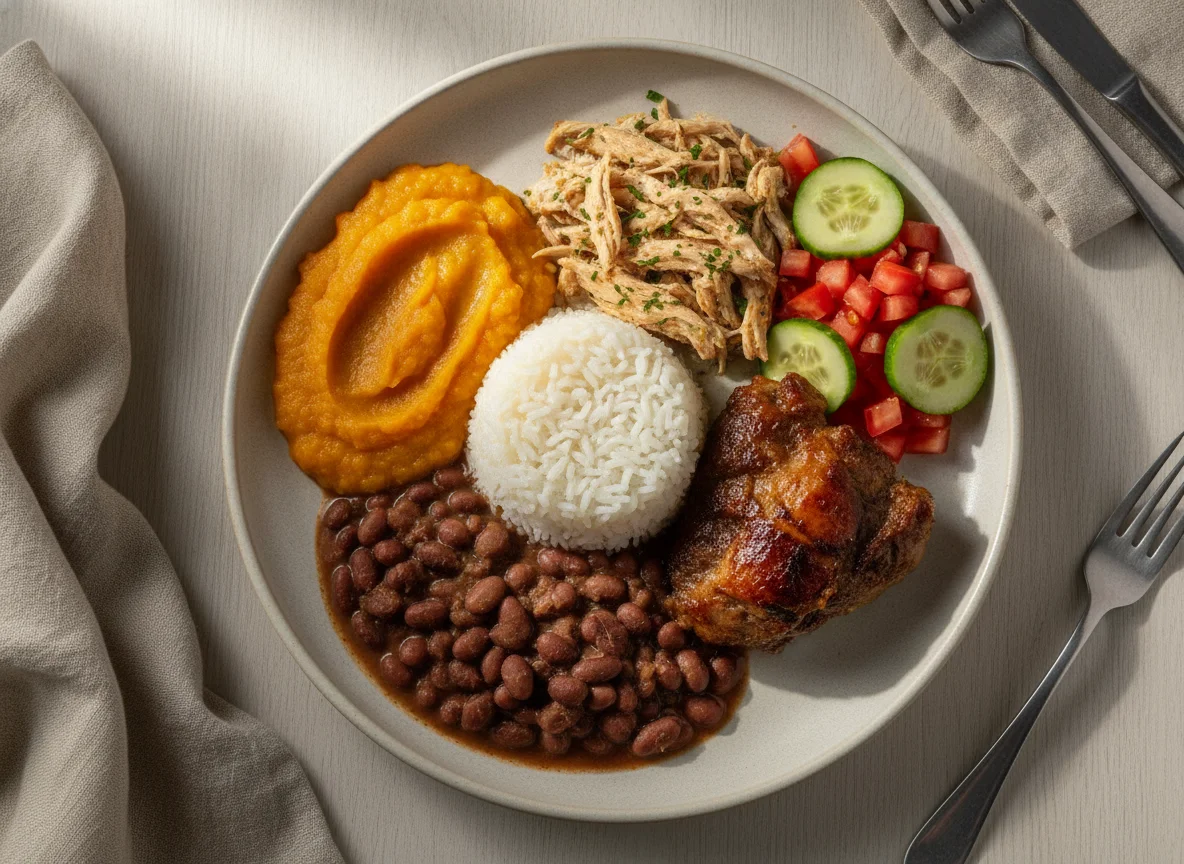 Prato feito com purê de abóbora, frango desfiado, arroz, feijão, carne e salada photo