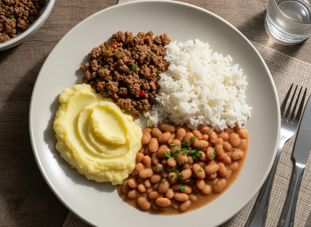 Prato feito com purê de batata, carne moída, arroz e feijão photo