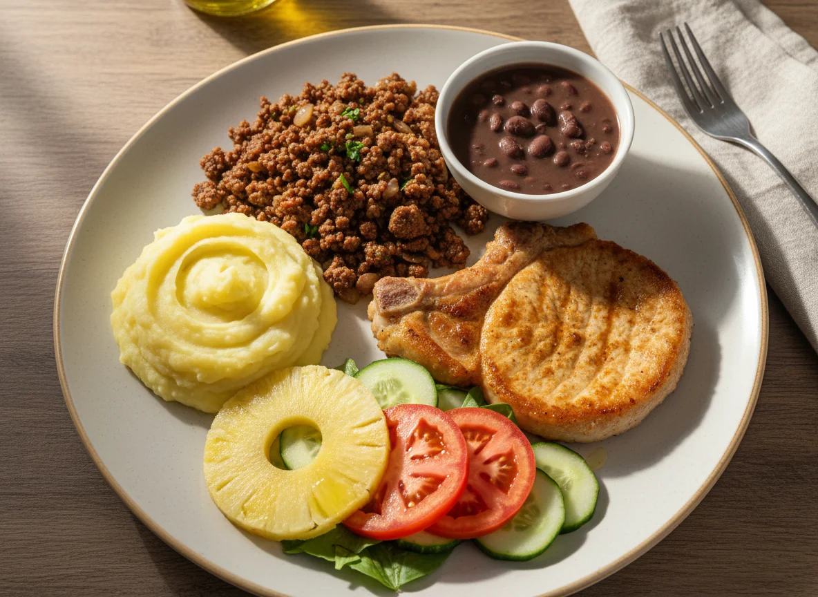 Prato feito com purê de batata, carne moída, bisteca de porco e salada photo