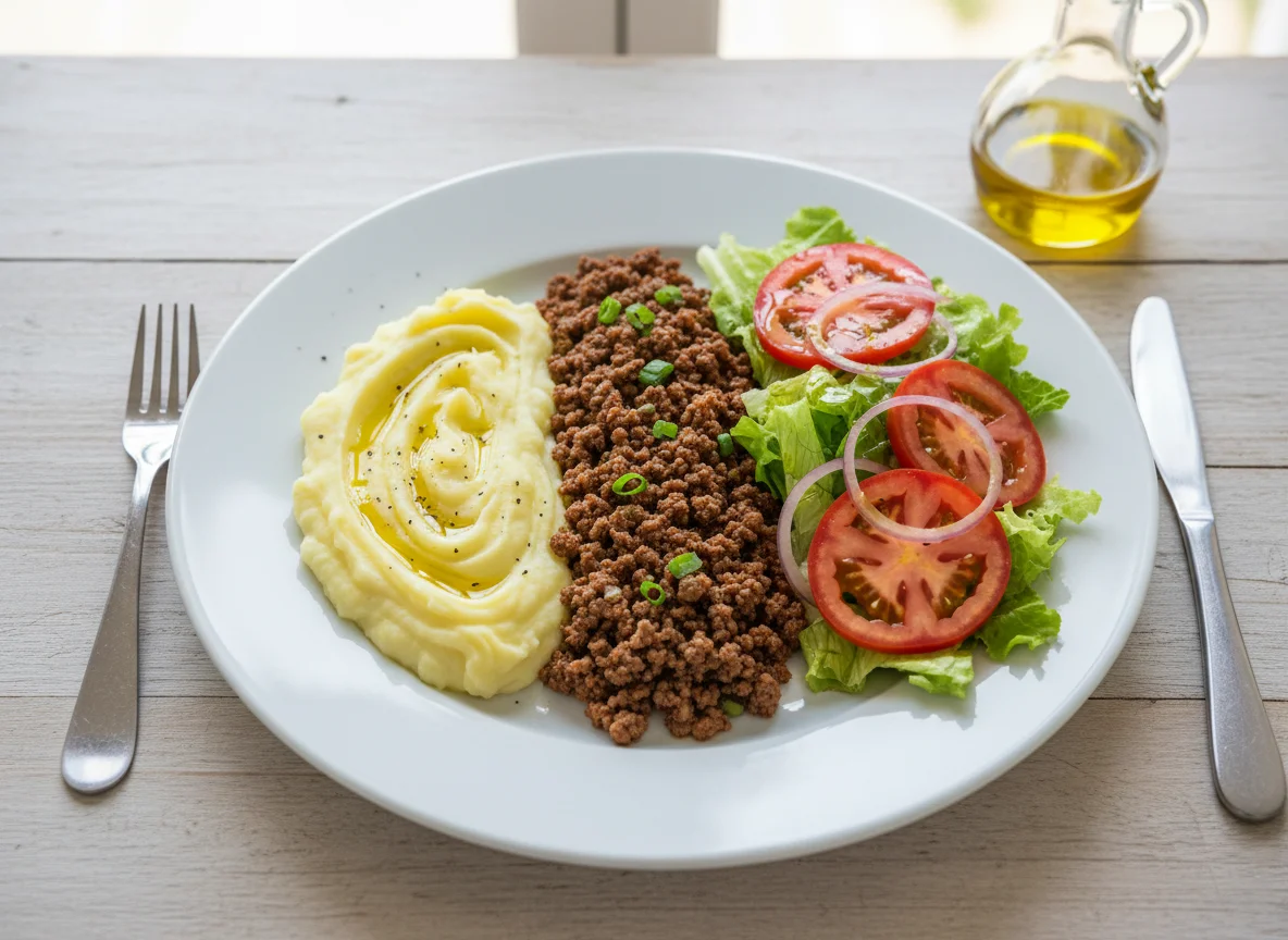 Prato feito com purê de batata, carne moída e salada photo