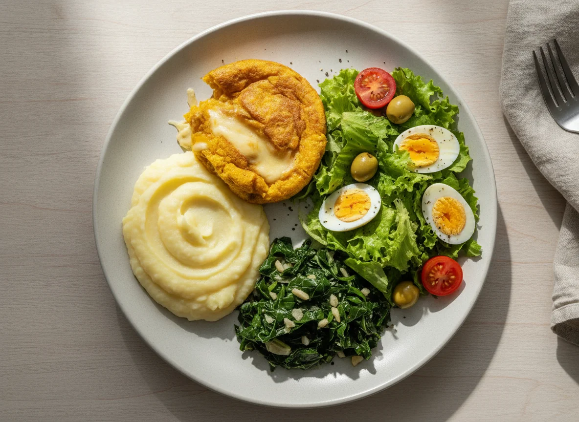Prato feito com purê de batata, suflê de abóbora, couve refogada e salada mista photo